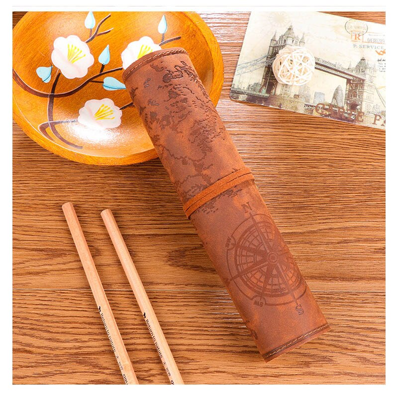 Saco de lápis de couro de rolo do vintage mapa do tesouro grandes casos de lápis estudante caneta saco de armazenamento escola esboço colorido lápis volume: A3