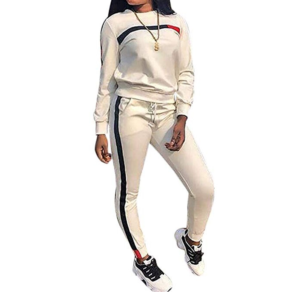 Sets 2 Women Hoodies Tops Pants Lady Drawstring Trousers Tracksuit Autumn Winter 2 Piece Set: White / XL