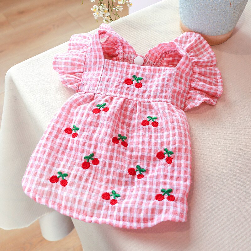 Faldas de perro de verano, vestido de princesa, cereza rosa, ropa para perros, Seeves voladores suaves: XS