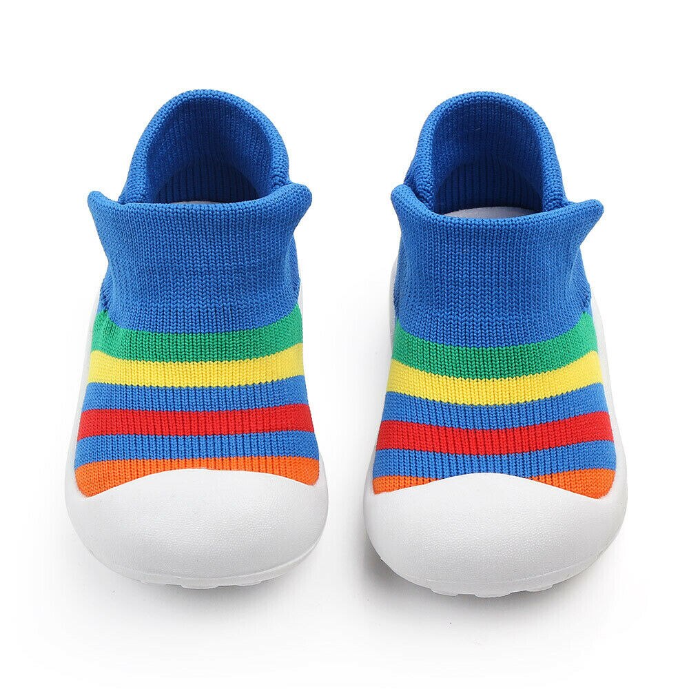 Baby eerste loopschoenen zomer herfst peuter baby unisex wieg schoenen kinderen kleurrijke regenboog geweven zachte zool elastische schoenen: Blauw / 19