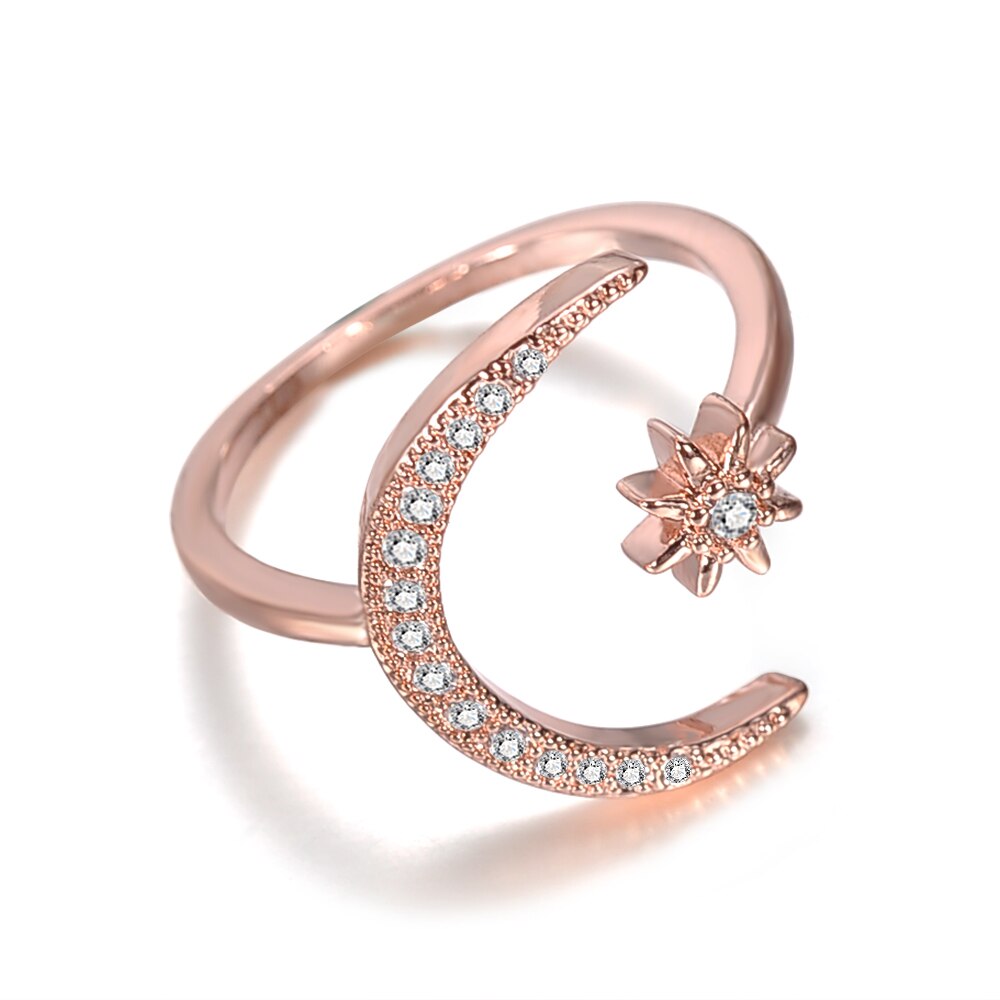 Moon Star Dazzling Open Finger Rings For Women Wedding Engagement Zircon Paved Trendy Charm Jewelry