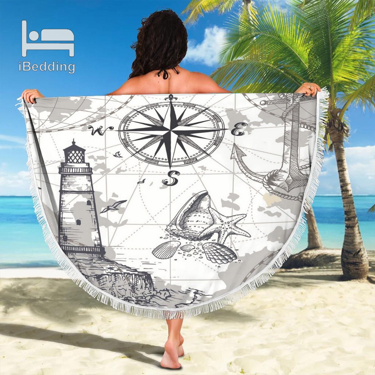 3D Vintage Monde L'île Carte du Monde Couverture de Plage En Microfibre Imprimé 150cm Serviette de Plage Ronde avec Des Glands POD Directe: 2021042425