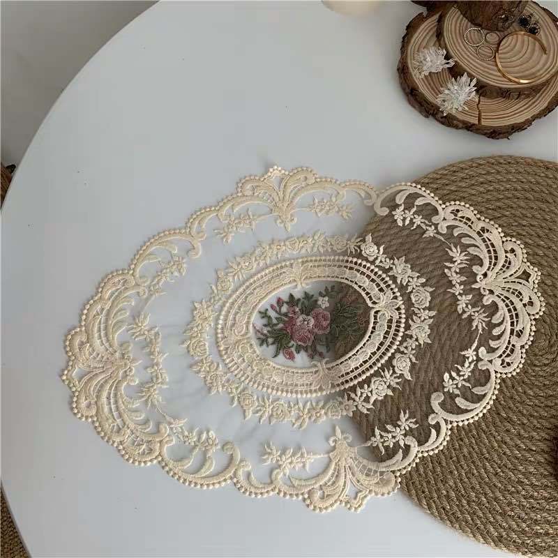 Napperon de Table en dentelle ovale de 37x29CM, napperon blanc brodé, tasse, dessous de verre, serviette de cuisine: beige
