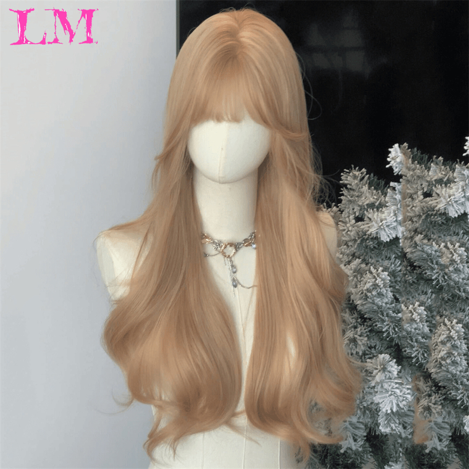 Peluca híbrida sintética LM rizada, larga, ondulada, negra y rubia, con flequillo esponjoso, adecuada para uso diario de mujeres