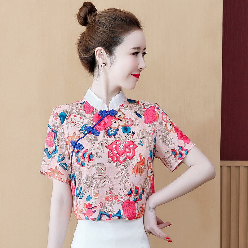 Ropa tradicional china Vintage para mujer, Cheongsam Floral de manga corta, Tops de cuello alto, blusa de boda