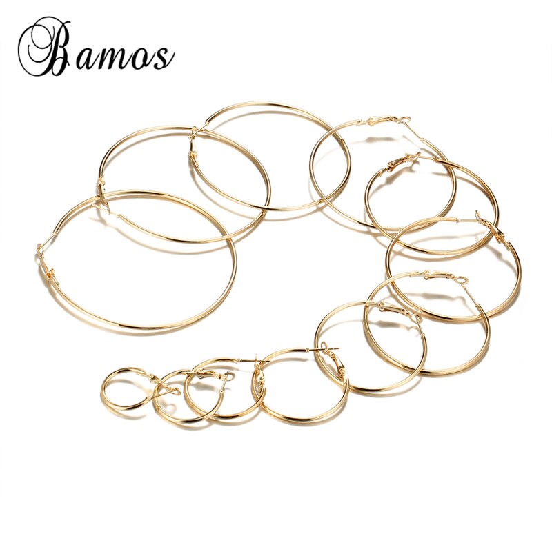 Bamos 12 Pair/Set Gold Color Hoop Earrings For Women Girls Simple Big Circle Double Sided Earrings Statement Jewelry