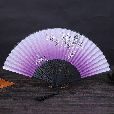 Abanico de bambú de estilo chino clásico, abanico plegable con estampado de flores para mujer, abanicos de mano para bailar, decoración artesanal para fiestas y bodas: purple