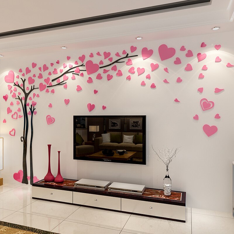 Love tree TV background wall decoration acrylic wall paste 3D living room sofa wall stickers: pink / L w300cm   h176cm