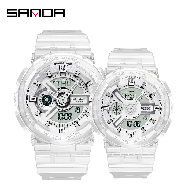 SANDA montre hommes et femmes montres transparentes étanche multi-fonction lumineux sport Double affichage Couple montre électronique: Couple White