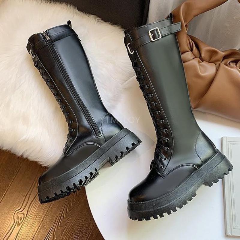 All Black Women Long Boots Lace Up High Heels Ladies Chunky Platform Shoes Female Footwear Motorcycle Knee-High Botas Mujer