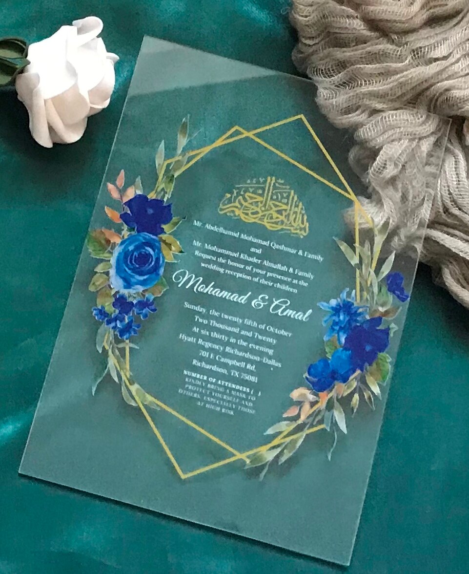 Navy Blue Flowers Acrylic Wedding Invitation.Gold Geometric Acrylic Invitations,10pcs Custom Acrylic Invite,white ink Clear Card