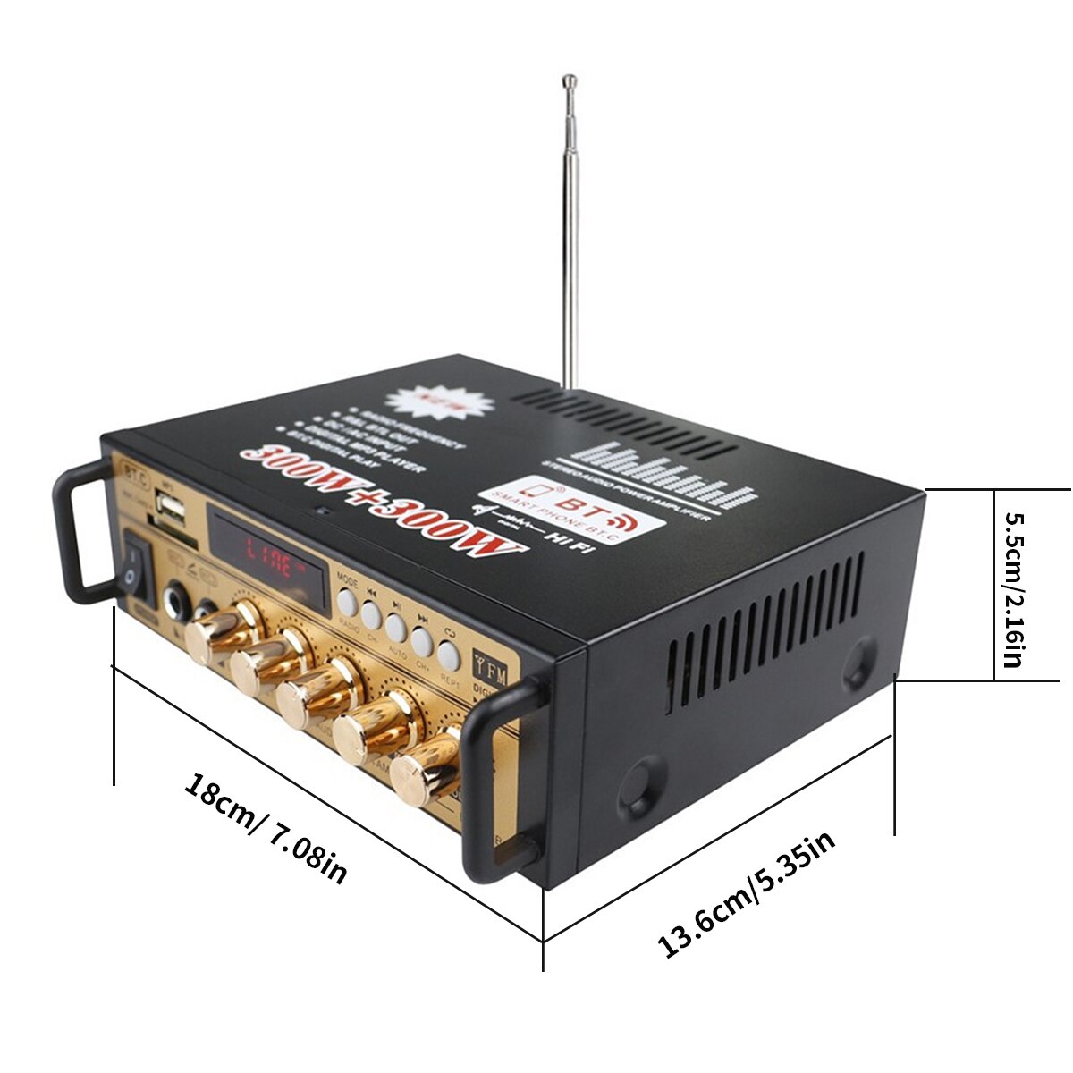 Bluetooth Power Stereo Audio Versterker 300W + 300W 2 Kanaals Fm Usb Sd Home Ktv Cinema Radio Muziek speler Klasse D Versterker Auto Amp