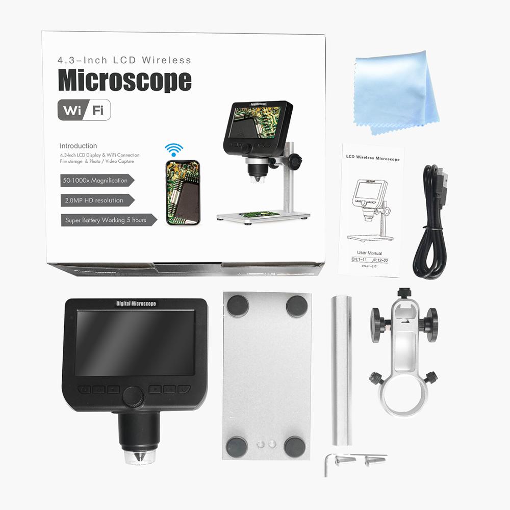 1000x digitalt trådløst wifi-mikroskop 4.3 tommer 1080p lcd-skærm 8 led-kamera forstørrelsesglas til ios android med stativ
