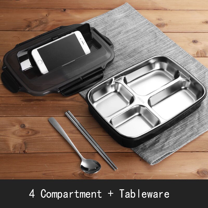 Stainless Steel Thermal Lunch Box Containers with Compartments Leakproof Bento Box Food Container Picnic Office School Lunchbox: 4 Grid Black