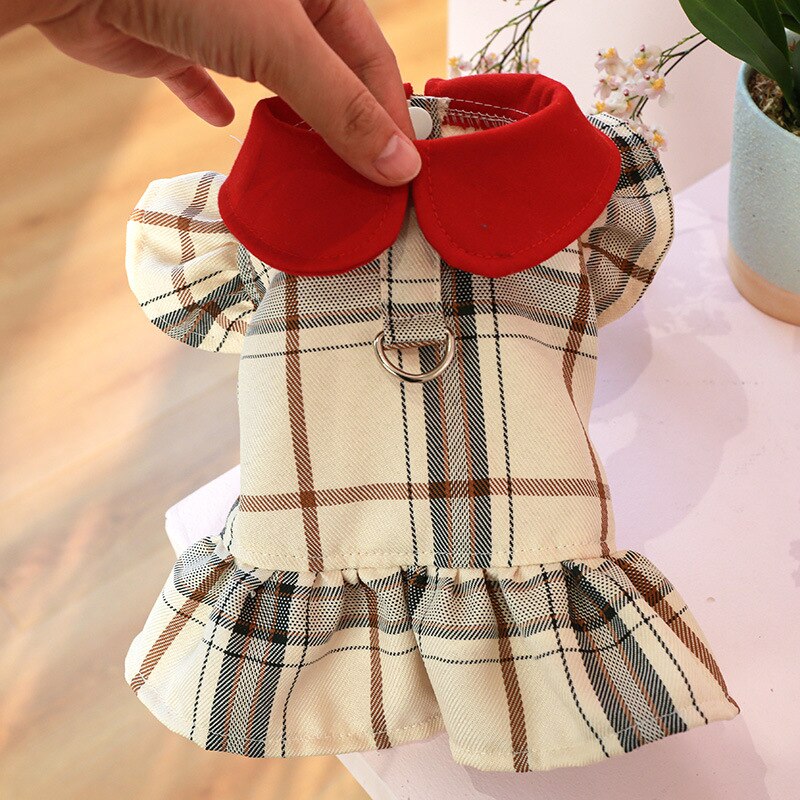 Princess Spring Dog Dress Plaid Butterfly Bow Button Closure Clothes for Dogs Harness D-Ring Attachment