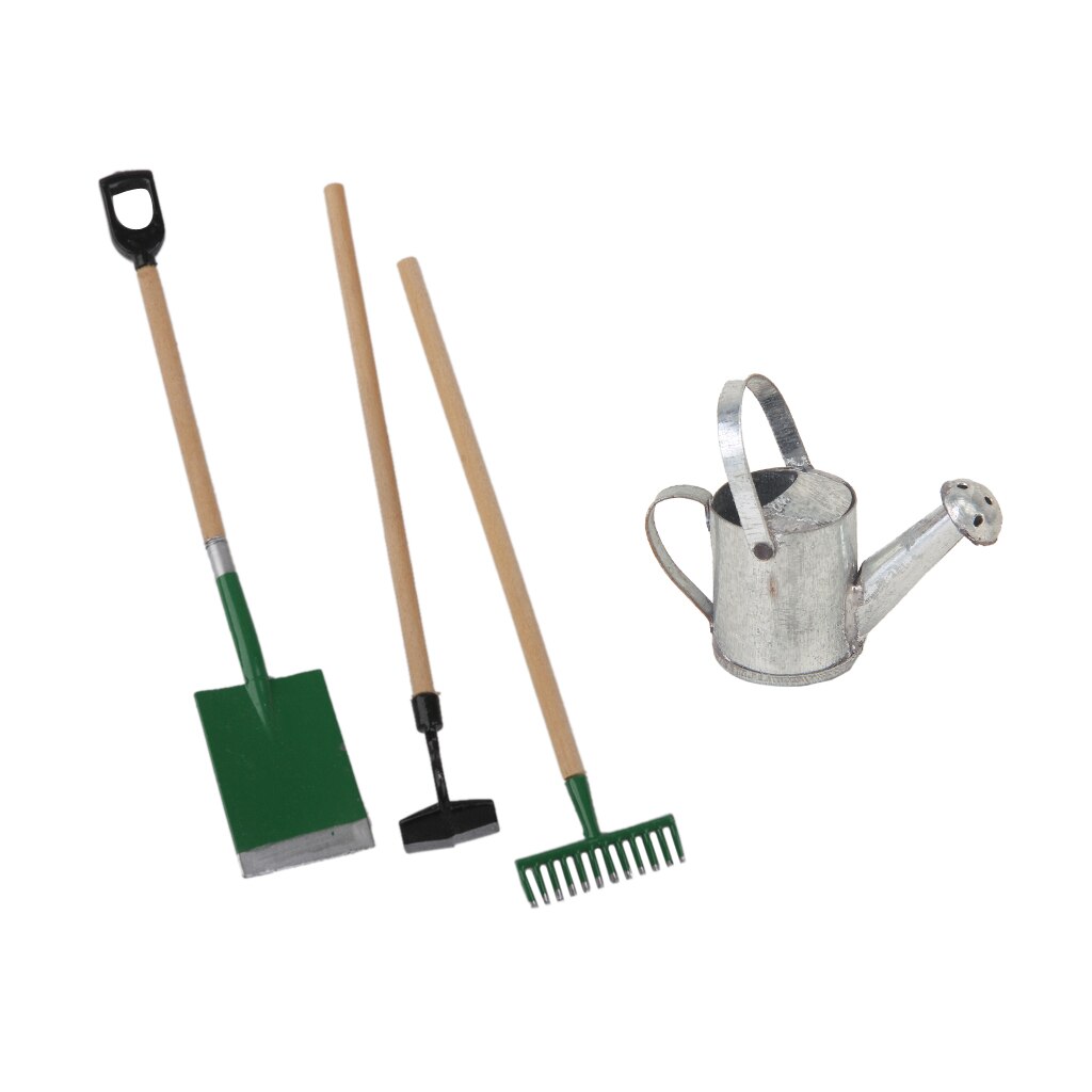 3 Pieces Garden Tools +Tin Metal Watering Can for 1/2 Doll House Miniatures Accessories