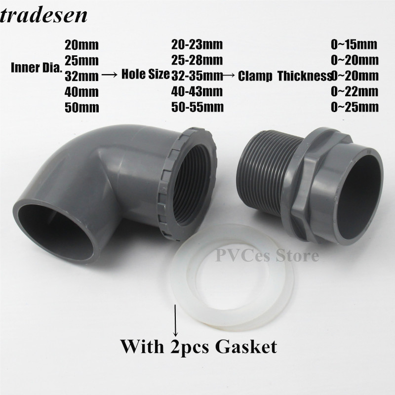 I.D20~50mm PVC Aquarium 90° Elbow Drainage Connector Fish Tank Overflow Joints Water Inlet Outlet Supply Pipe Drain Fittings: I.D25mm / Gray
