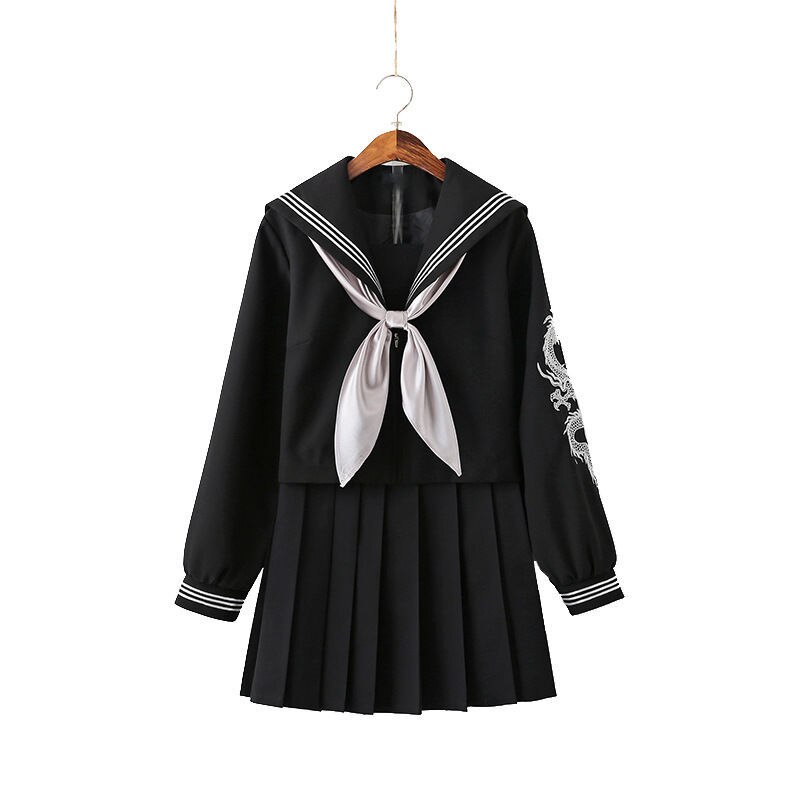 Jk Uniform School Girl Silver Dragon The Embroidery Uniform Gothic Styl Women Student Full Sets Clothes: Silver / XL