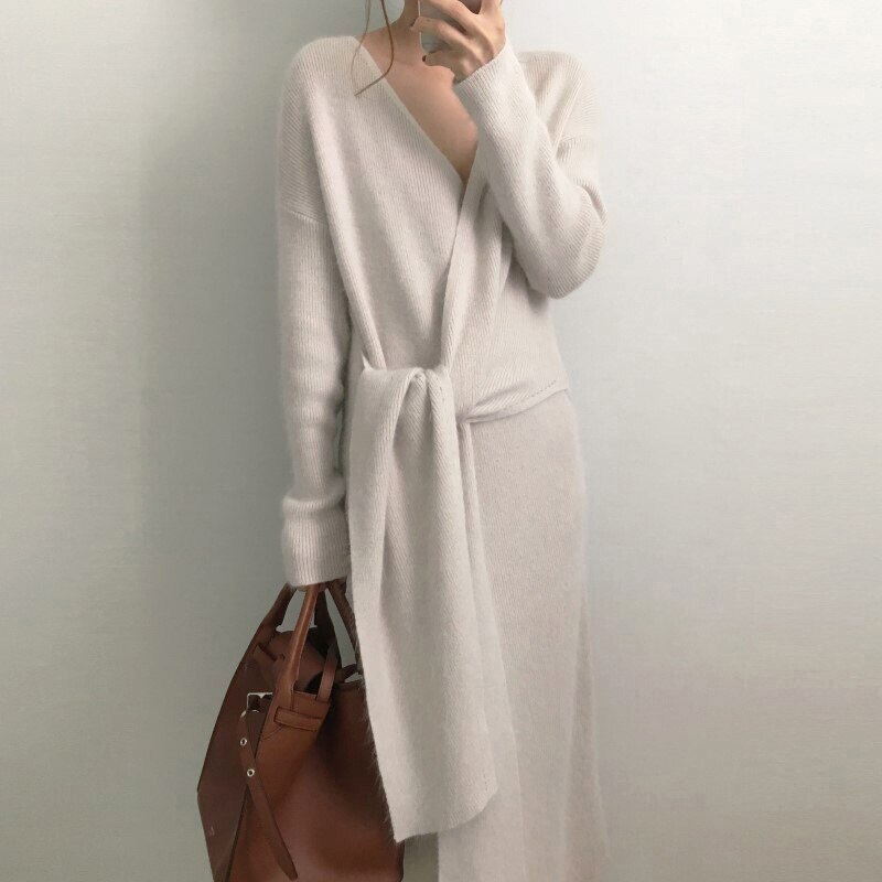 Gordel Kasjmier Trui Sexy V Kneck Vest Gebreide Jurk Herfst Mode Toevallige Effen Kleur Knitwear Elegante Lange Tuniek