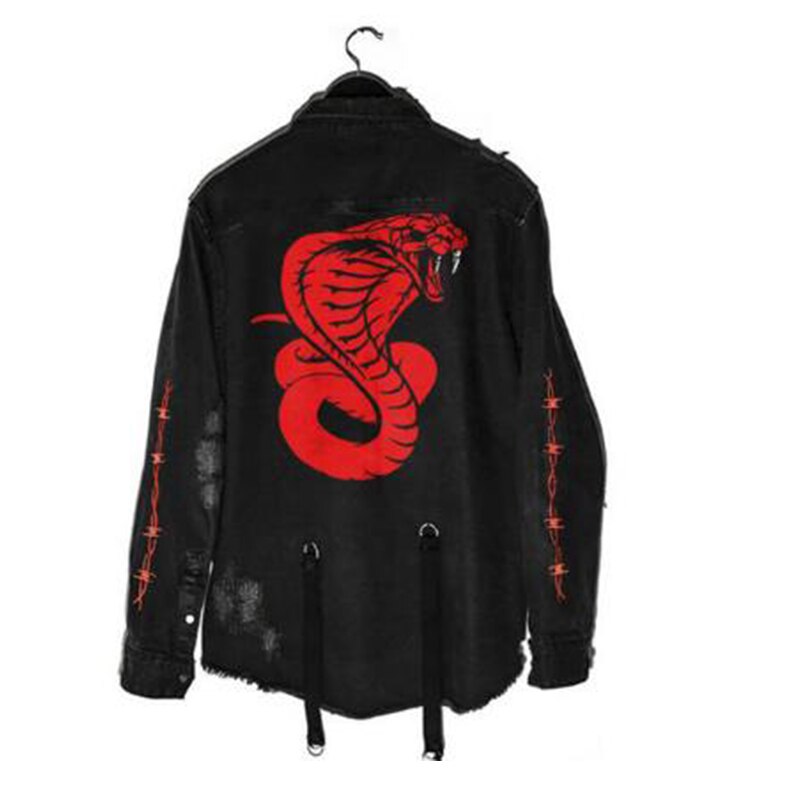 Chaqueta vaquera vintage para hombre, abrigos de Hip Hop, ropa de calle de mezclilla con agujeros, Top de primavera y otoño, patrón de impresión Rock: black she / XXL