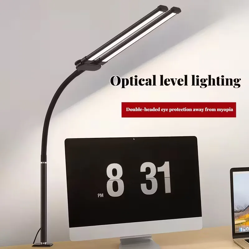 LED-bureaulamp voor thuiskantoor Oogverzorgende monitor Tafellamp met klem Kleurverandering Dimbaar met flexibele zwanenhals Dubbele kop