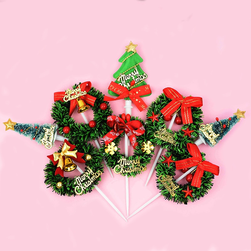 5pcs Christmas Cake Topper Mini Xmas Tree Wreath Shape Cupcake Topper for Merry Christmas Kids Favor Baking Dessert Decoration 7