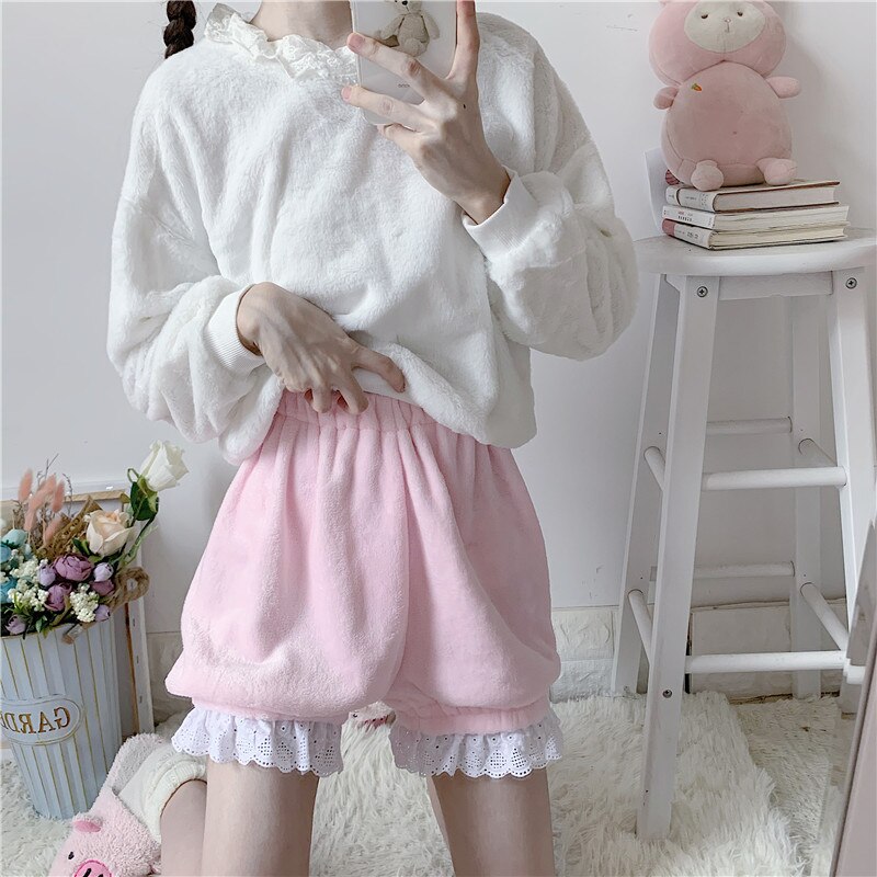 Women Sleep Bottom Spring Summer Kwaii Lace Elastic Waist Loose Homewear Japanese Girls Cute Flannel Pajama Shorts Sleepwear