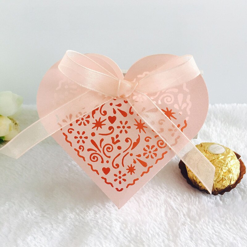 50 Pcs Sweet Box Hollow Liefde Hart Snoep Dragee Bloem Box Wedding Party Bags Verpakking Chocolade Warpping Papier tassen: pink