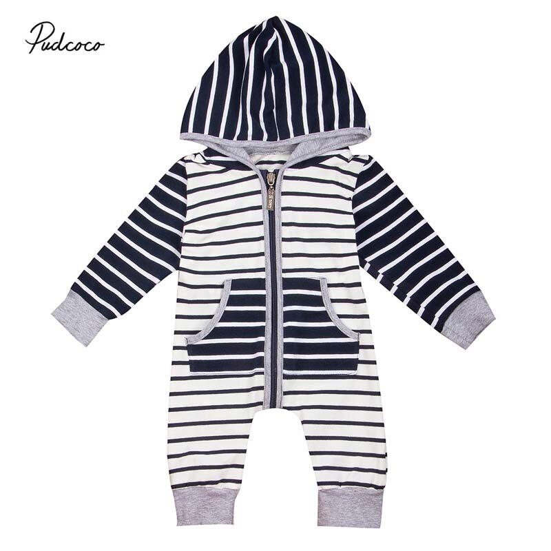 2019 Molla Del bambino di Autunno Vestiti Del bambino Del bambino Del Capretto Del bambino Ragazzi A Righe con Cappuccio Pagliaccetto Tuta con Cappuccio Vestiti Tasca patchwork Abiti