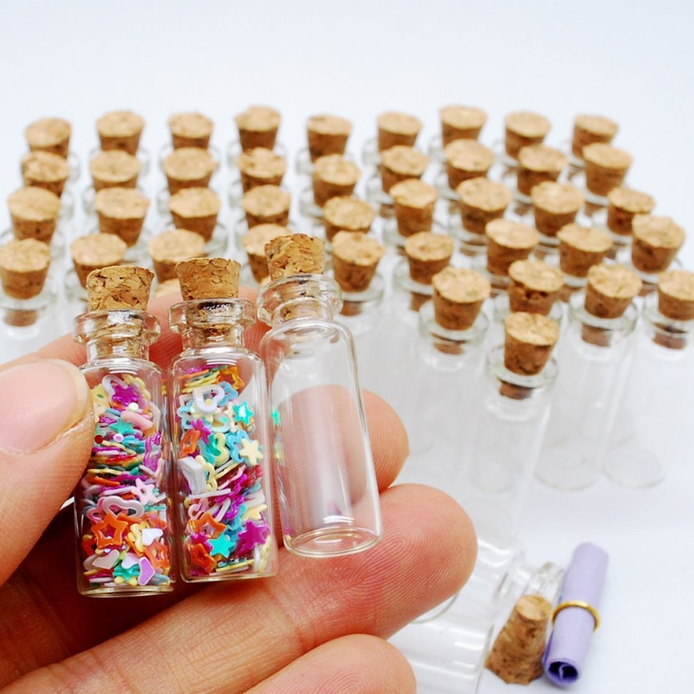 Frascos pequeños de vidrio de 1ml y 10 piezas, frascos para mensajes, botellas de corcho DIY, Mini tapón, botellas de vidrio transparente