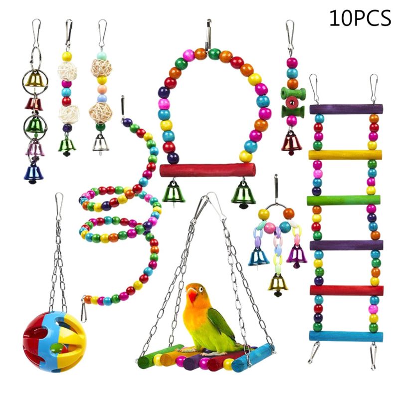 10 pièces en bois perroquet échelles Cage à oiseaux balançoire perche suspendus mâcher balle cloche jouets