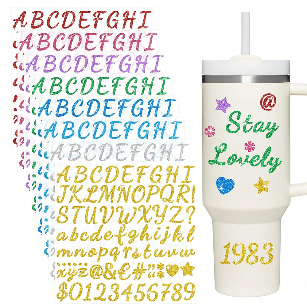 8 Vellen Glitter Letter Stickers Zelfklevende Glitter Alfabet Nummer Etiketten Stickers voor Scrapbook Waterflessen Ambachten Decor