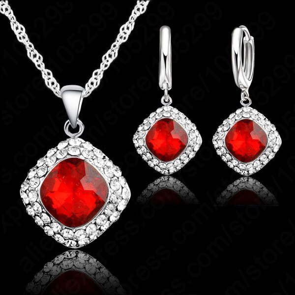 Vrouwen Heetste 925 Sterling Zilveren Sieraden Sets Classic Kleurrijke Ketting Oorbel Set Zirkoon Sieraden Voor Engagement: red