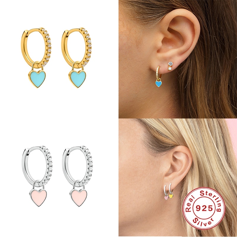 GS 925 Sterling Silver Hoop Earrings With Cute Candy Neon Color Enamel Heart Charm Earring Gold Silver Color For Girls