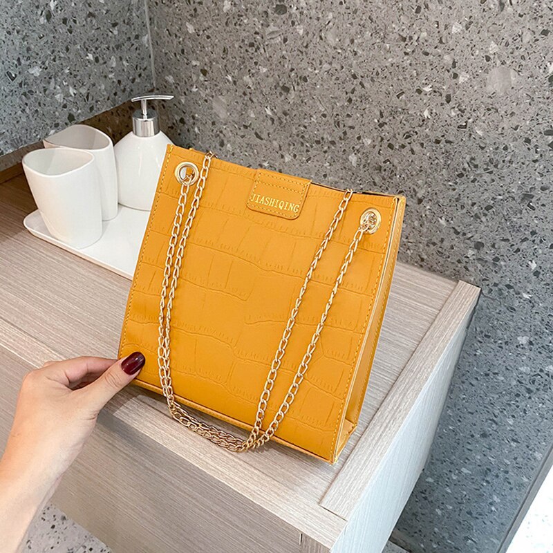 Frauen Eimer Schulter Taschen Krokodil aufbringen PU Leder Umhängetasche Einfarbig Kette Kleine Kreuz-Körper Tasche Für weibliche: WK-7772-Gelb
