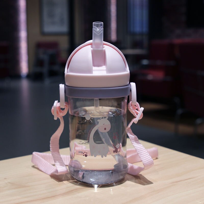 400ml børn børn tegneserie dyreskole drikkevand halm flaske sugerør sippy baby kop med skulderrem: 3
