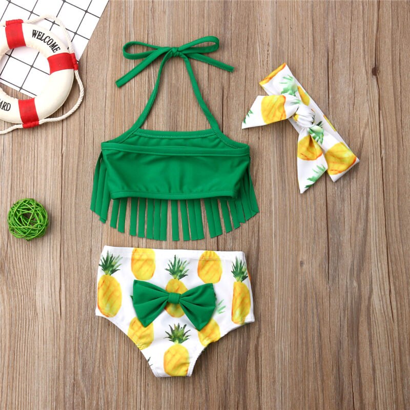 Barn badedragt baby pige badetøj sommer spædbarn bikini toddler kvast top + ananas shorts + hovedbåndstrandbeklædning badedragt