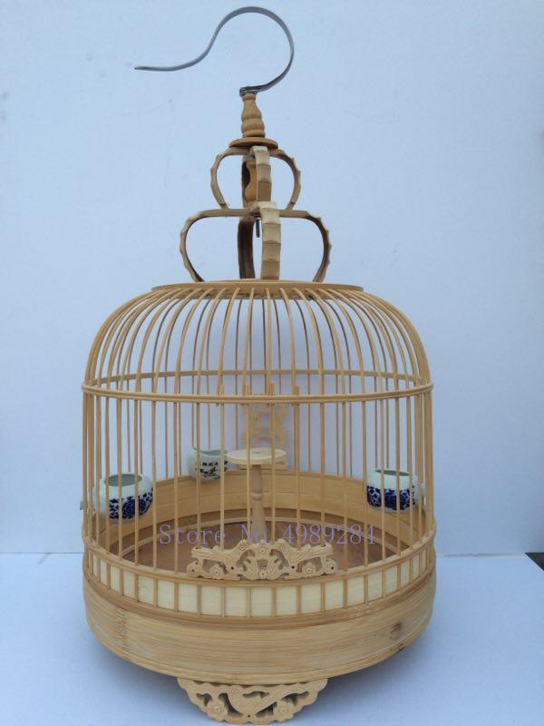 Jaula de madera para pájaros hecha a mano creativa, jaula de bambú con patrón de tallado de madera para alimentar aves, accesorios de mascota doméstica china Retro
