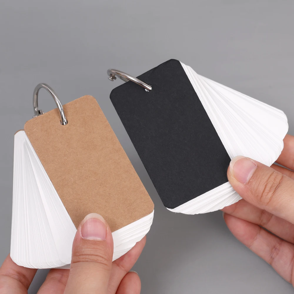 400-100Sheets Flash Cards Portable Index Cards with Ring Study Note Memo Pad Kraft Paper Notecards for Studying School Supplies