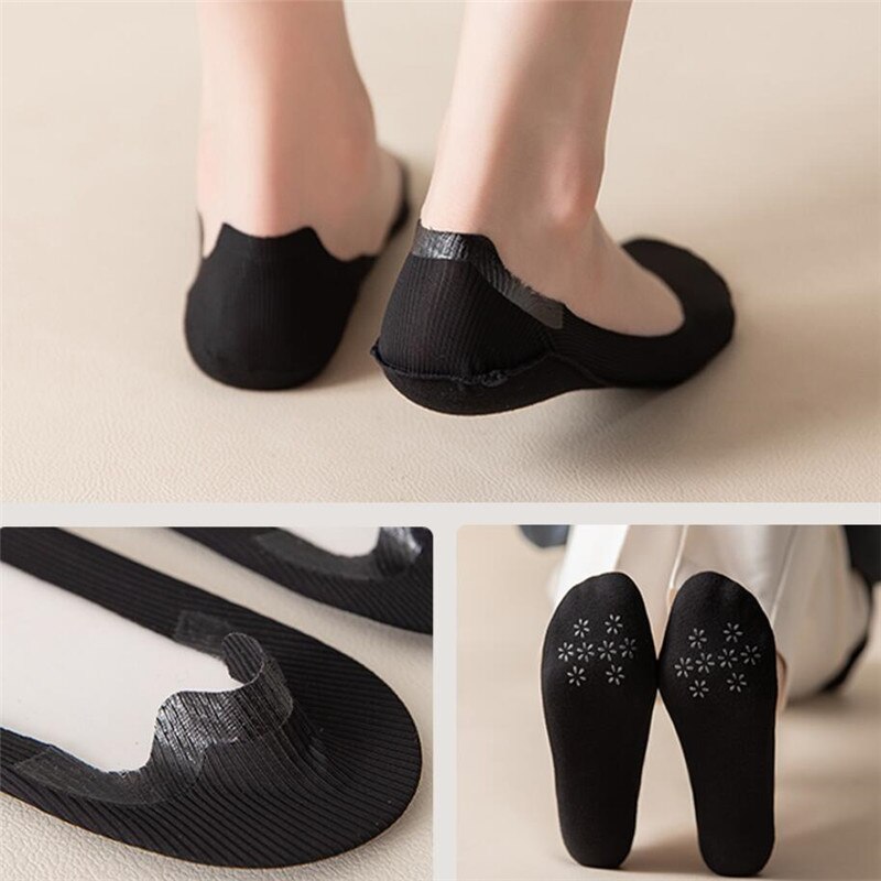 Calcetines invisibles de barco para mujer, medias finas de seda de hielo, boca poco profunda, parte inferior de algodón, sin Talón de deslizamiento, 5 pares