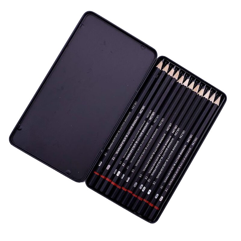 12pcs/Box USLON Pencils Set Iron Box HB H B F 2H 2B 3B 4B 5B 6B 7B 8B Wood Drawing Pencils for School Artist Sketch Pencils