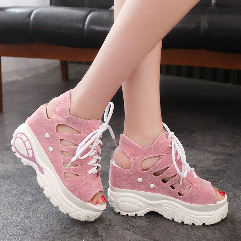 Sommar chunky sandaler kvinnor 6cm kilar höga klackar skor kvinnligt spänne plattform läder casual sommar tofflor kvinna sandal: Rosa / 40