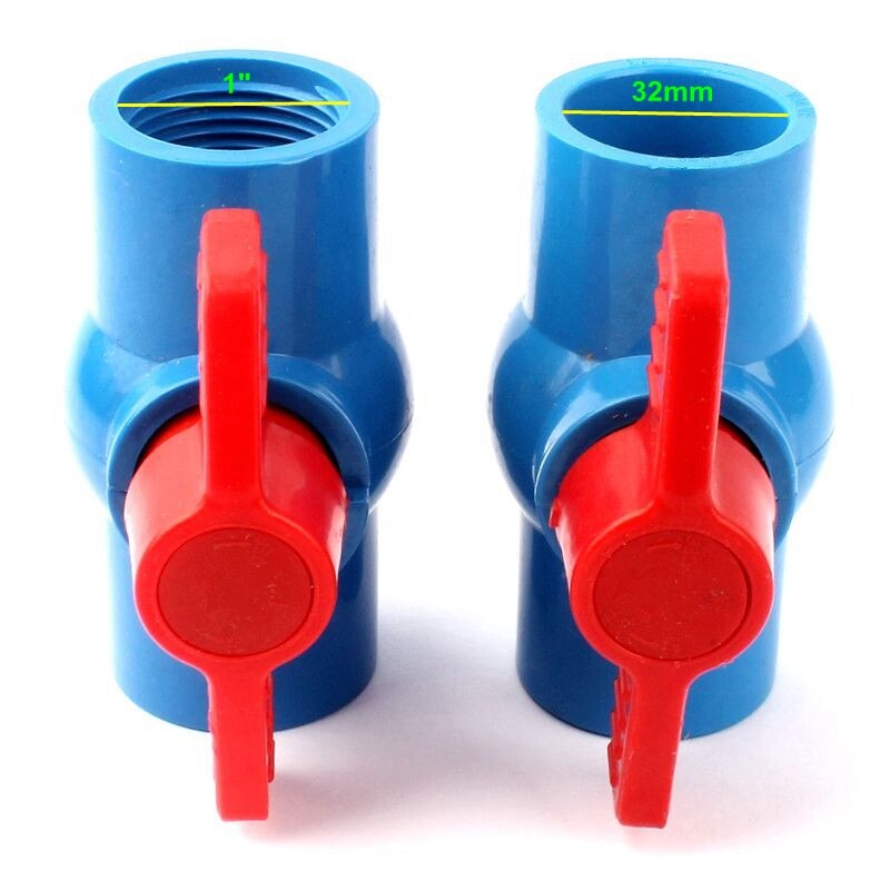 Inner Diameter 1" Female/32mm Socket Straight Trough Ball Valve Blue PVC Red Switch Ball Valve Garden Water Irrigation Fittings
