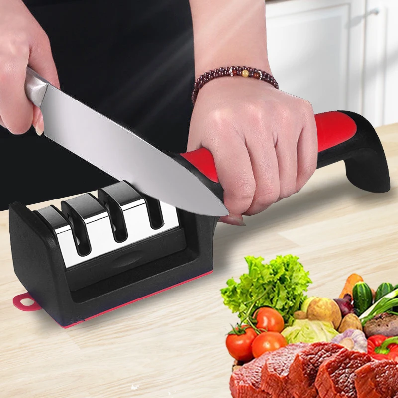 Afilador de cuchillos de cocina de 3 segmentos, multifuncional, de mano, de 3 usos, piedra afiladora negra, utensilio para cuchillos de cocina