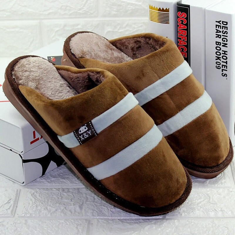 Large size 10.5-14 men's slippers plush striped soft house slippers man warm non-slip footwear man: Brown / 11.5
