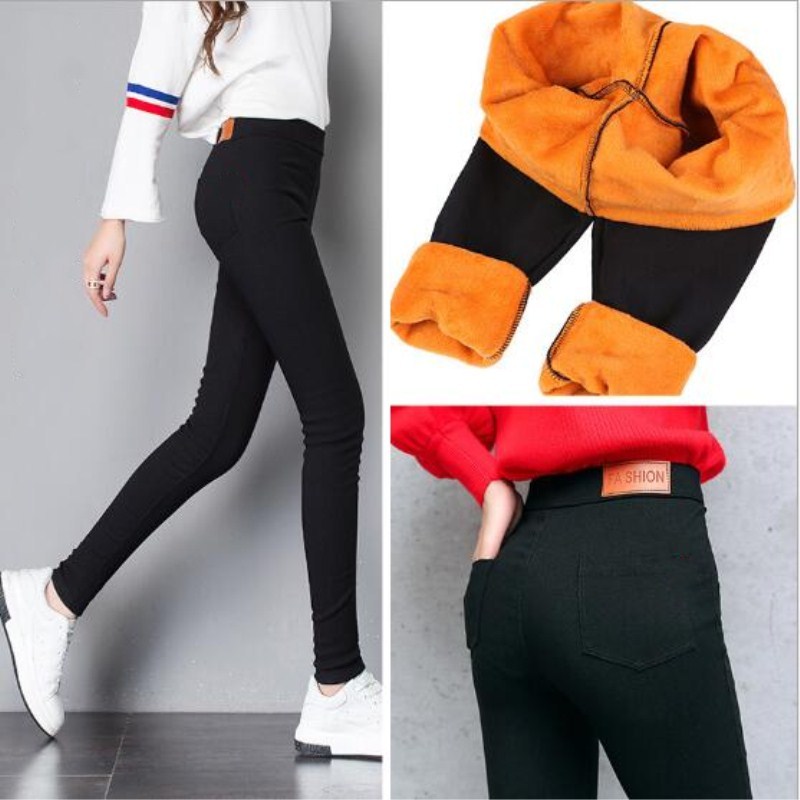 Wkoud vinterbyxor kvinnor tjocka varma fitness leggings guld fleeces fotlösa leggings kvinnliga smala svarta leggings byxor  p8496