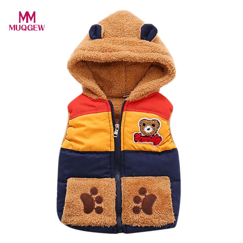 Leuke Herfst Winter Baby Jongens Bovenkleding Beer Cartoon Hooded Mouwloos Vest Dikke Warme Katoenen Vest Kleding