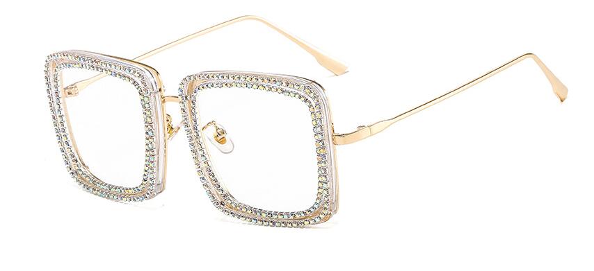 Brilmontuur met strass, heldere glazen, vierkante bril, metalen montuur, optische bril zonder sterkte, transparante bril: Duidelijk duidelijk