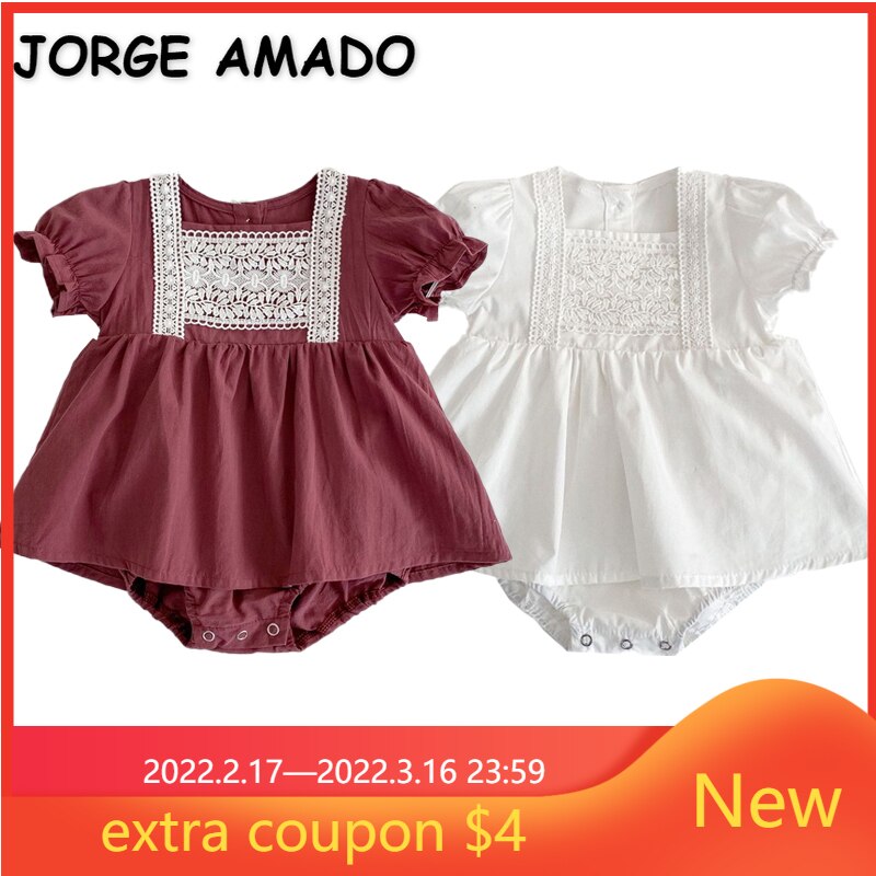 Body d&#39;été pour bébé fille, col carré, blanc, violet, manches bouffantes, dentelle, vêtements en coton pour enfant, 2022, E2042