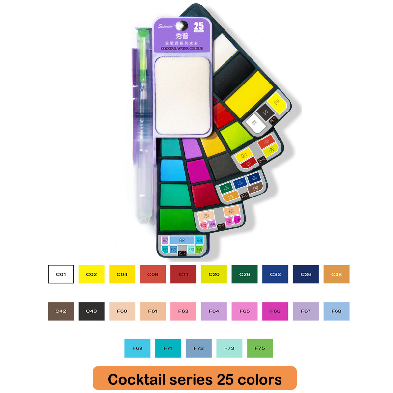 Superior 18/25/33/42- farvet ensfarvet vandfarve-malingssæt med sammenklappelig pensel bærbart akvarelpigment til kunstartikler: Lilla 25 farver